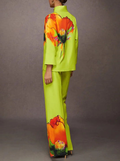 Long Sleeves Loose Buttoned Flower Print Stand Collar Blouses&Shirts Tops