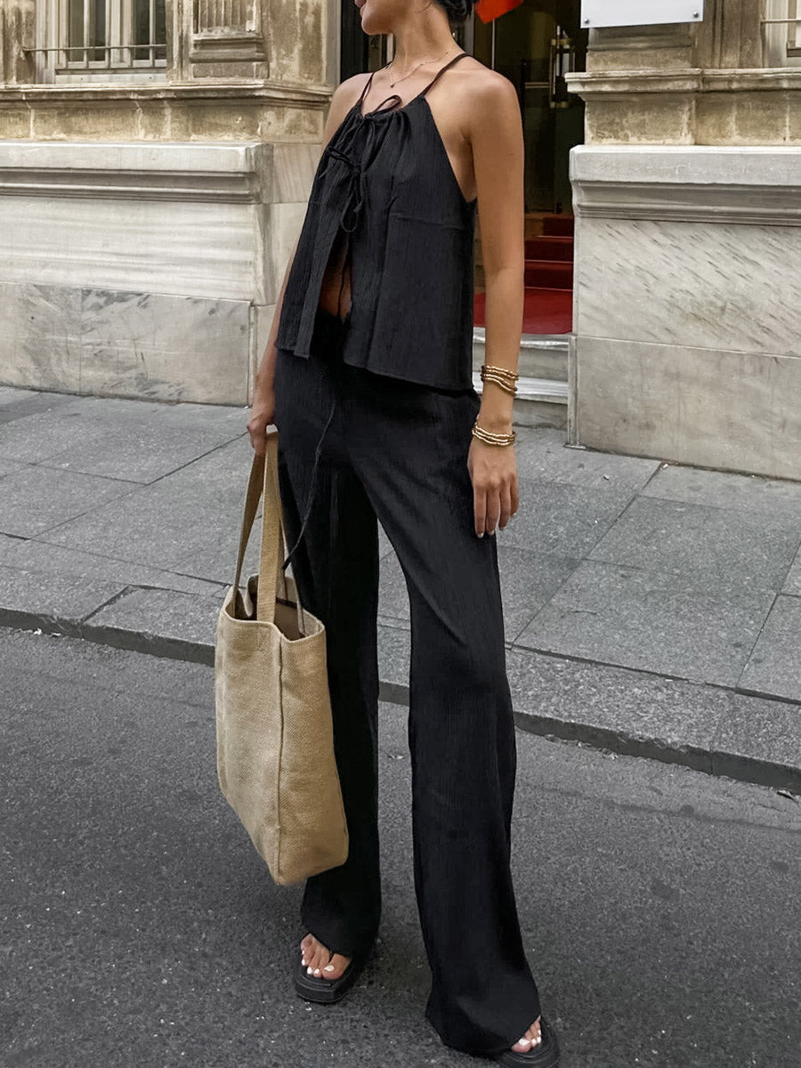 Solid Color Halter-Neck Cropped Pleated Split-Joint Tank Top + High Waisted Elasticity Tied Waist Pants Trousers Two Pieces Set