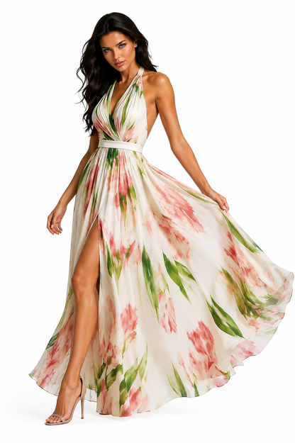 ABBE Rosé Garden Halter Maxi Dress – Floral Deep V Flowing Evening Dress