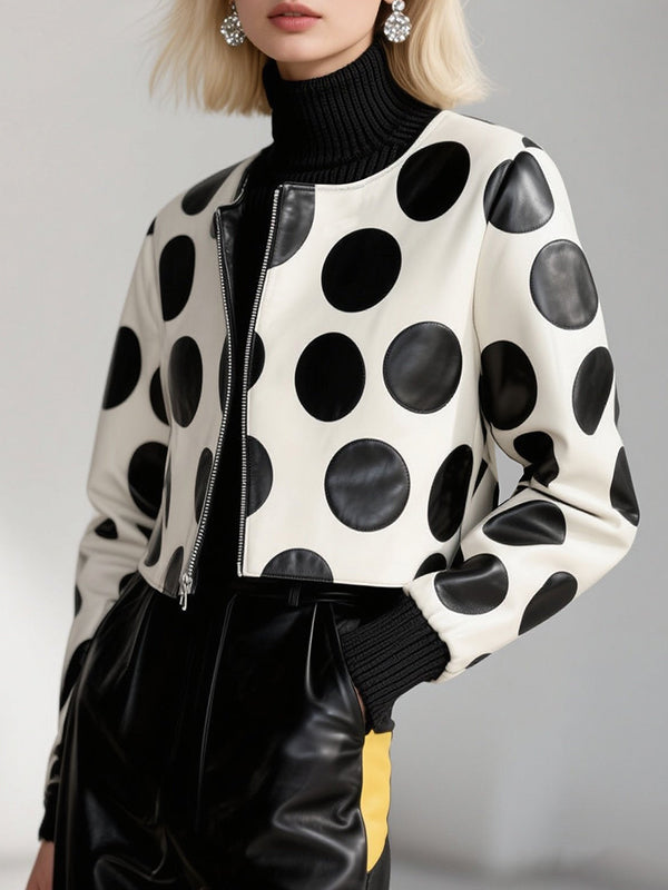 Zipper Split-Joint Polka-Dot Long Sleeves Round-neck Jackets&Coats