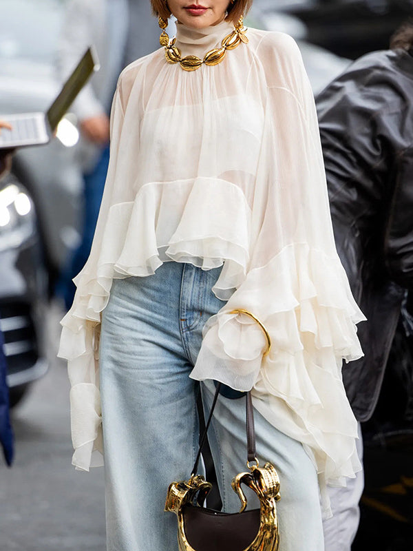 Chemisiers et chemises à col montant et manches évasées, plissés, transparents, couleur unie 