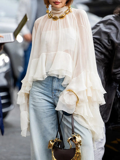 Chemisiers et chemises à col montant et manches évasées, plissés, transparents, couleur unie 