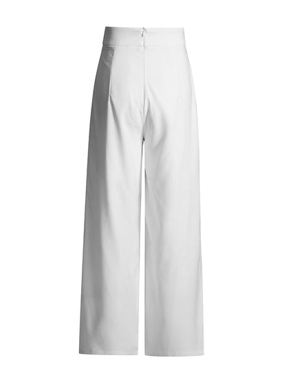 Long Sleeves Buttoned Solid Color Split-Joint Round-Neck Blazers Top + Zipper Wide Leg Mesh Pleated Pants Bottom Two Pieces Set