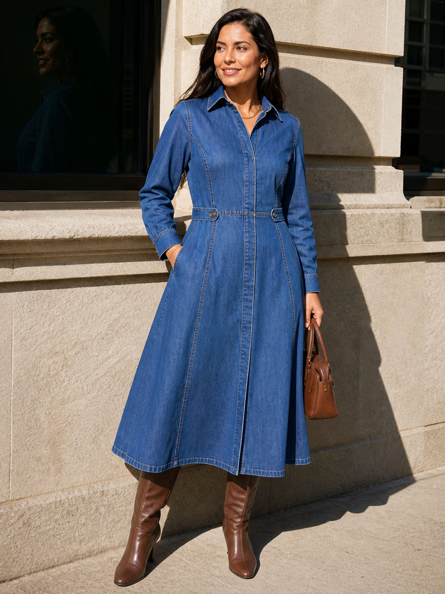 Split-Joint Solid Color Pockets Buttoned Long Sleeves High Waisted Lapel Midi Dresses