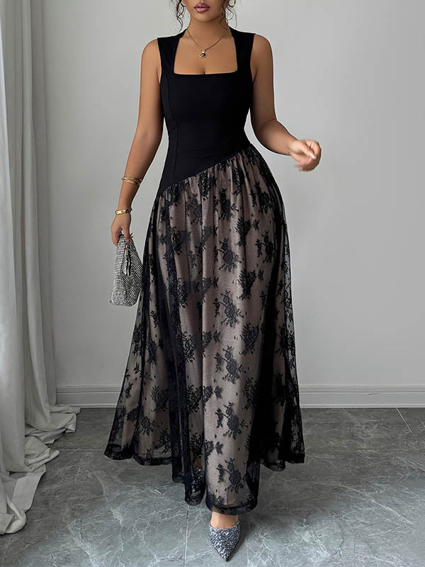 High Waisted Sleeveless Contrast Color Flower Print Split-Joint Zipper Square-Neck Maxi Dresses