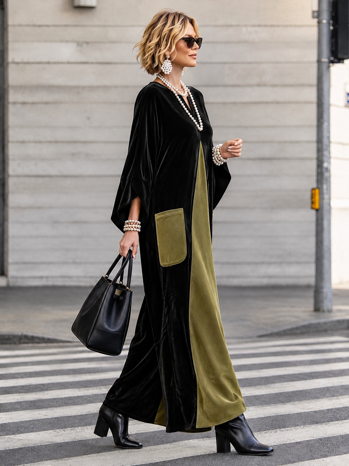 Split-Joint Pockets Contrast Color Loose Long Sleeves V-neck Maxi Dresses