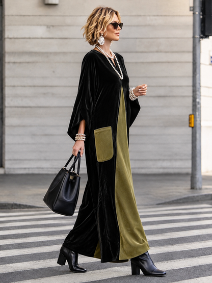 Split-Joint Pockets Contrast Color Loose Long Sleeves V-neck Maxi Dresses