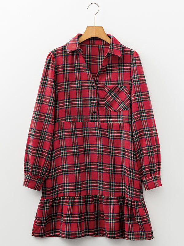 A-Line High Waisted Buttoned Plaid Pleated Pockets Lapel Mini Dresses