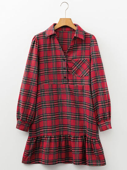 A-Line High Waisted Buttoned Plaid Pleated Pockets Lapel Mini Dresses