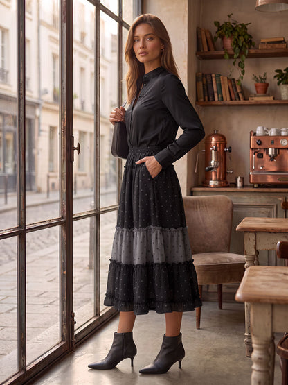 Split-Joint Ruffle Trim Polka-Dot Elasticity Contrast Color Loose A-line Skirts