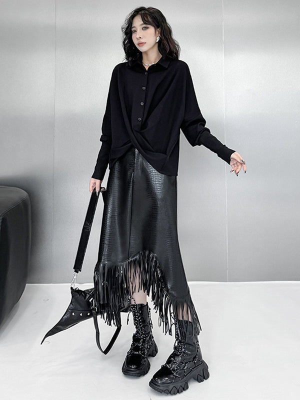 Hipster Irregularity Buttoned Solid Color Twist Lapel Collar Blouses&Shirts Tops