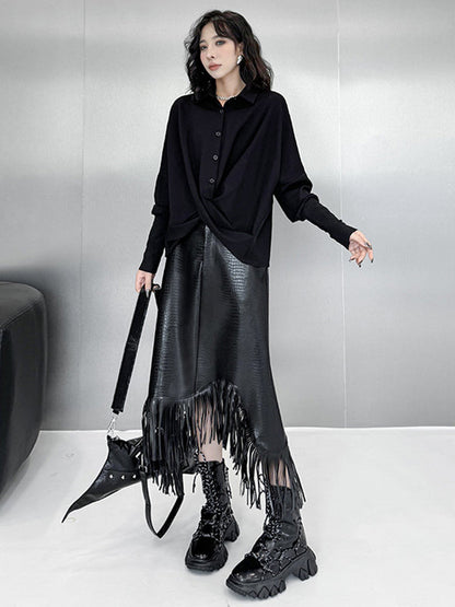 Hipster Irregularity Buttoned Solid Color Twist Lapel Collar Blouses&Shirts Tops