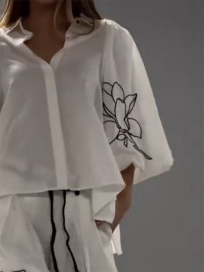 Loose Three-Quarter Sleeves Buttoned Flower Print Lapel Blouses&Shirts Tops