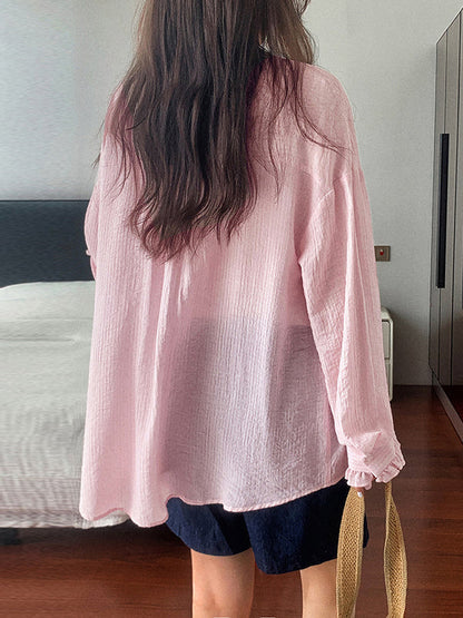 Long Sleeves Loose Buttoned Pockets Ruffle Trim Solid Color Lapel Blouses&Shirts Tops