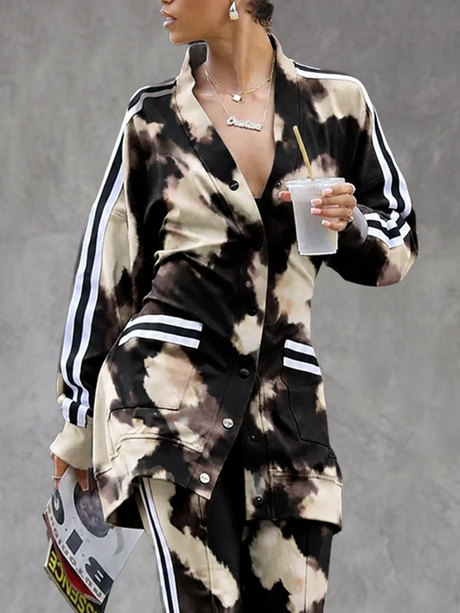 Pockets Contrast Color Buttoned Loose Long Sleeves V-neck Outerwear