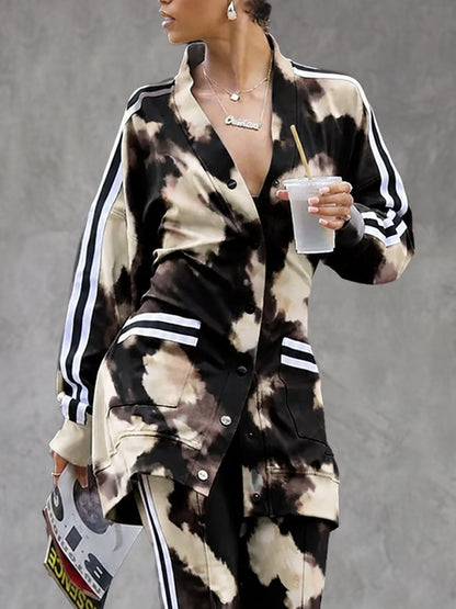 Pockets Contrast Color Buttoned Loose Long Sleeves V-neck Outerwear
