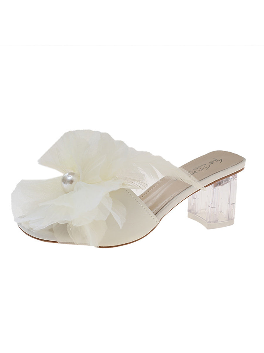 Square Heel Feathers Open Toe Three-Dimensional Flower Sandals