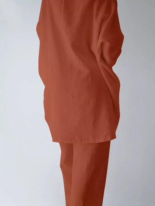 Lässiges, lockeres, langärmliges, einfarbiges T-Shirt-Oberteil und Hose, zweiteiliges Set 