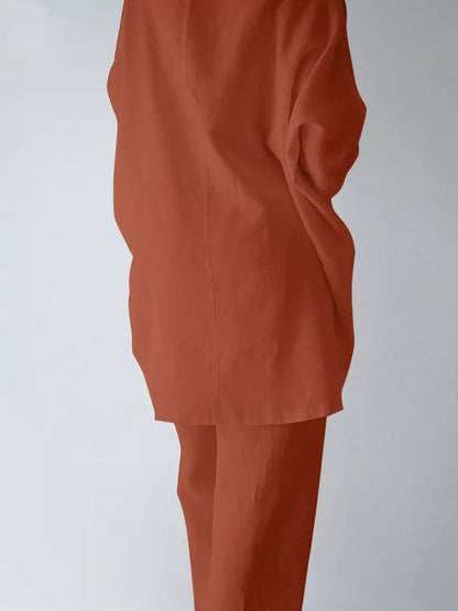 Lässiges, lockeres, langärmliges, einfarbiges T-Shirt-Oberteil und Hose, zweiteiliges Set 