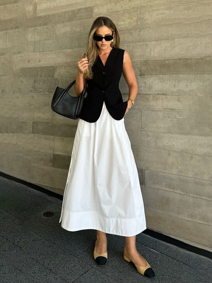 Split-side Solid Color Pockets High Waisted A-line Skirts