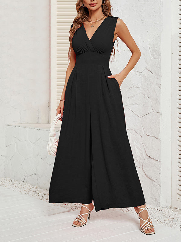 Loose Sleeveless Pleated Solid Color Split-Joint V-Neck Jumpsuits