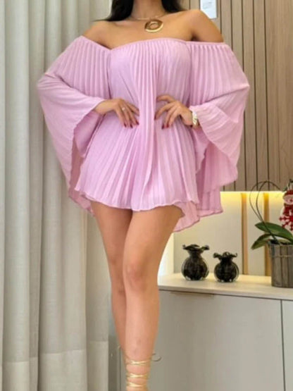 Batwing Sleeves Loose Pleated Solid Color Off-The-Shoulder Shirt Top + Shorts Bottom Two Pieces Set