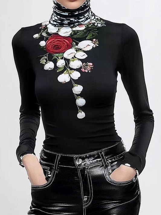 Long Sleeves Skinny Flower Print Split-Joint High Neck T-Shirts Tops
