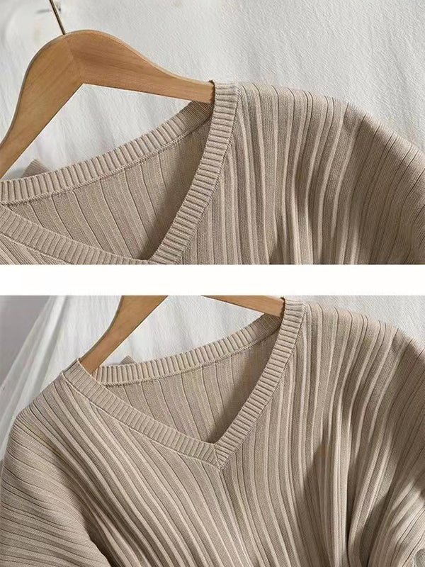 Loose Knitting Raglan Sleeve Solid Color V-Neck Sweater Top + Pants Two Pieces Set