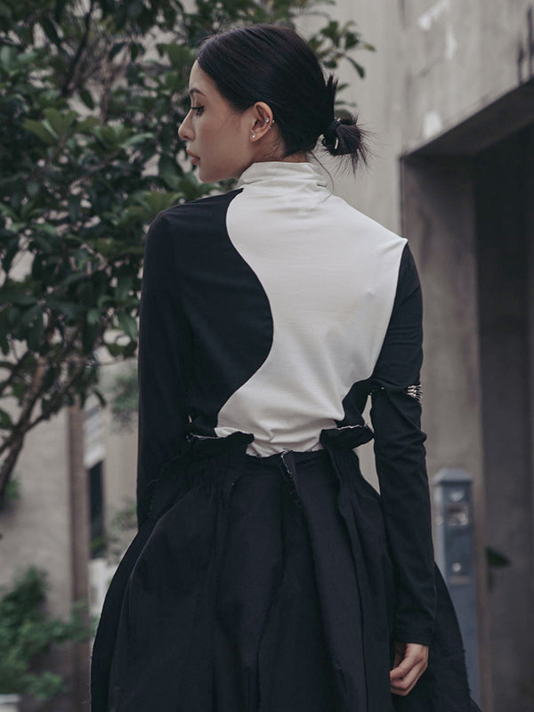 T-shirts urbains skinny à manches longues et col montant asymétriques contrastés 