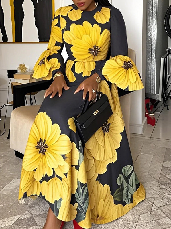 Flared Sleeves Long Sleeves Contrast Color Flower Print Round-Neck Maxi Dresses