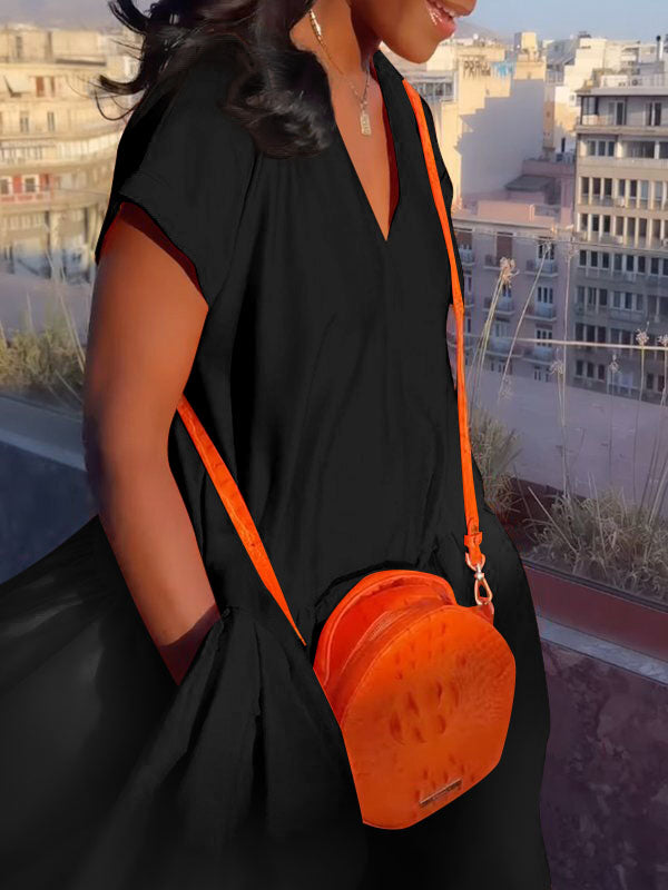 Robe longue ample à manches courtes et poches plissées, couleur unie, col en V fendu 