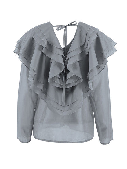 Long Sleeves Backless Ruffled Solid Color V-Neck Blouses&Shirts Tops