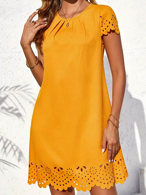 Mini-robes amples à manches courtes, plissées et creuses, couleur unie, à col rond et à fentes 