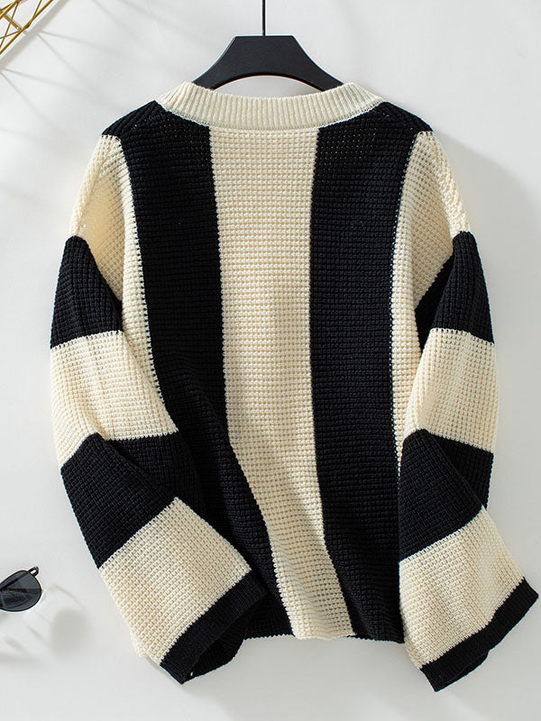Long Sleeves Loose Buttoned Contrast Color Split-Joint Striped V-Neck Cardigan Tops