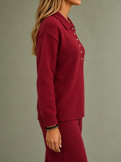 Solid Color Ribbed Buttoned Plus Size Loose Lapel Sweater Pullovers