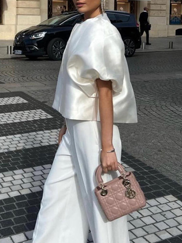 Loose Puff Sleeves Hollow Solid Color Split-Joint Round-Neck Blouses