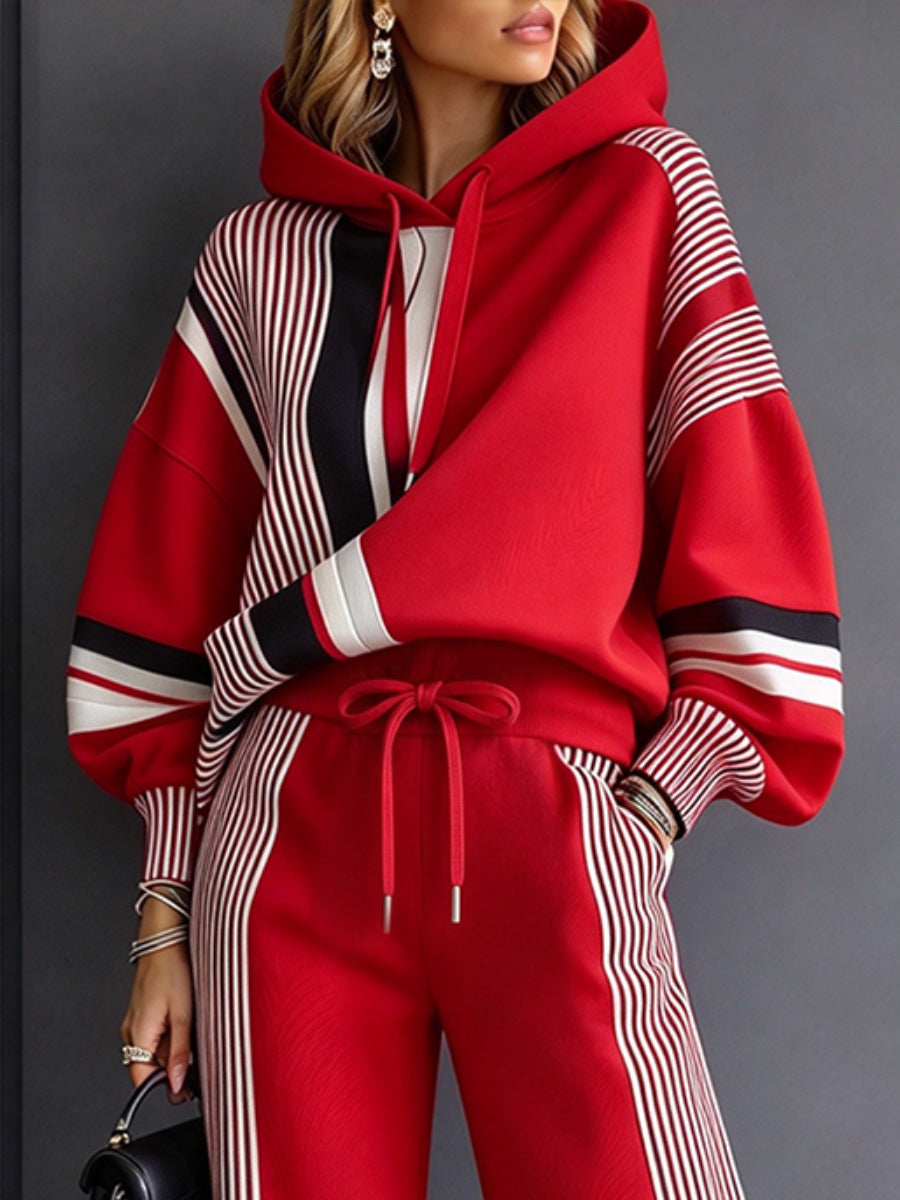 Striped Drawstring Contrast Color Loose Long Sleeves Hooded Sweatshirt Tops