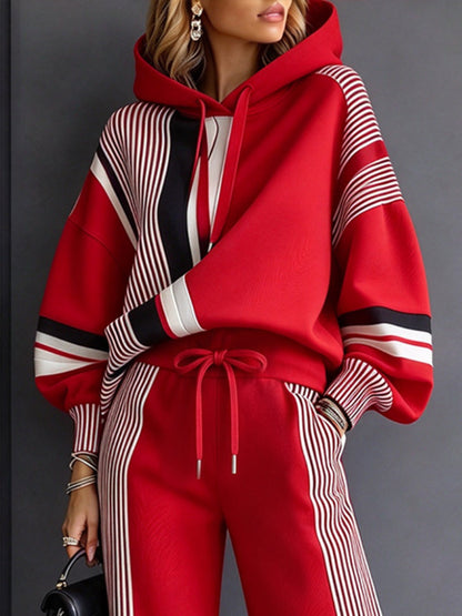 Striped Drawstring Contrast Color Loose Long Sleeves Hooded Sweatshirt Tops