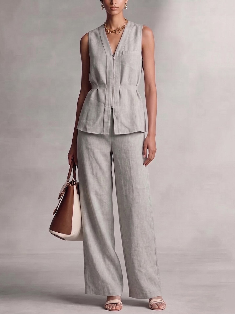 Sleeveless Pleated Solid Color Zipper V-Neck Blouses&Shirts Tops