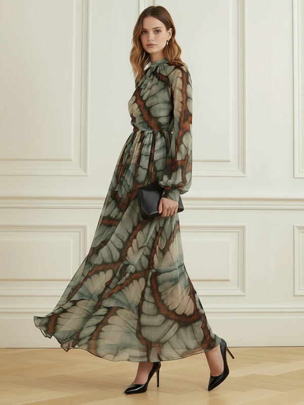 Balloon Sleeves Long Sleeves Big Hemline Contrast Color Pleated Print Zipper Stand Collar Maxi Dresses