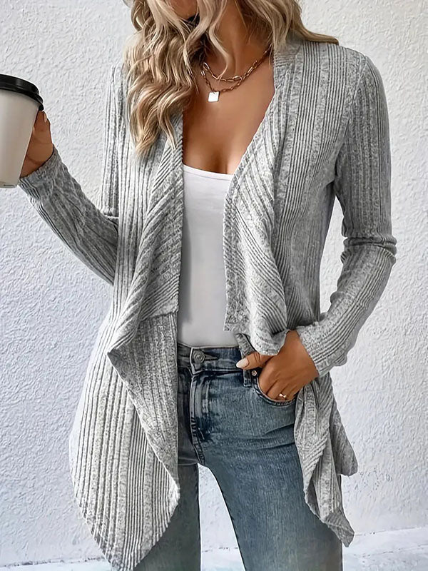 Long Sleeves Loose Solid Color Collarless Cardigan Tops GRAY