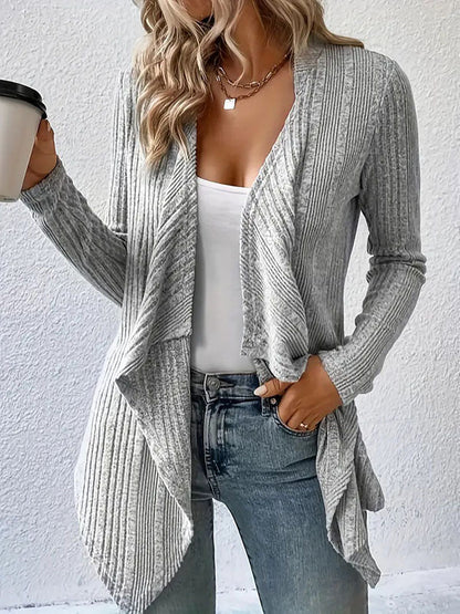 Long Sleeves Loose Solid Color Collarless Cardigan Tops GRAY