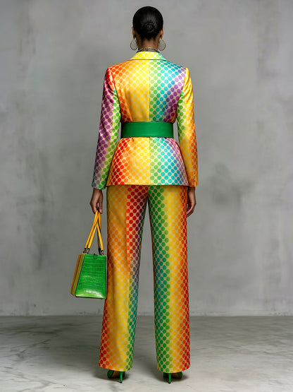 Polka-Dot No Belt Contrast Color Colorful Long Sleeves Notched Collar Outerwear Blazer