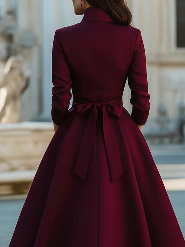 A-Line High Waisted Buttoned Pockets Solid Color Split-Joint Stand Collar Midi Dresses
