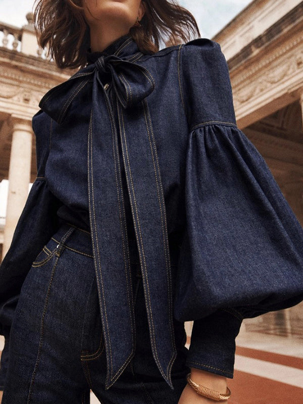 Tied Split-Joint Buttoned Bow-Embellished Puff Sleeves Long Sleeves High Neck Blouses&shirts Tops