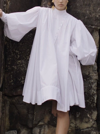 Long Sleeves Loose Buttoned Solid Color Stand Collar Mini Dresses Shirt Dress