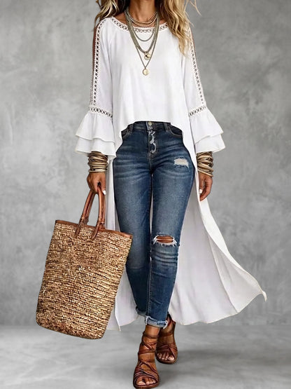 Solid Color Hollow Ruffle Sleeves Long Sleeves Round-neck Blouses&shirts Tops