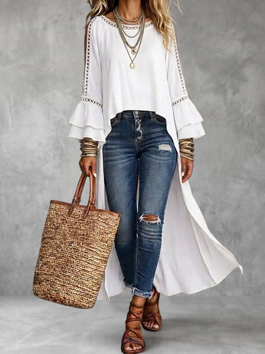 Solid Color Hollow Ruffle Sleeves Long Sleeves Round-neck Blouses&shirts Tops