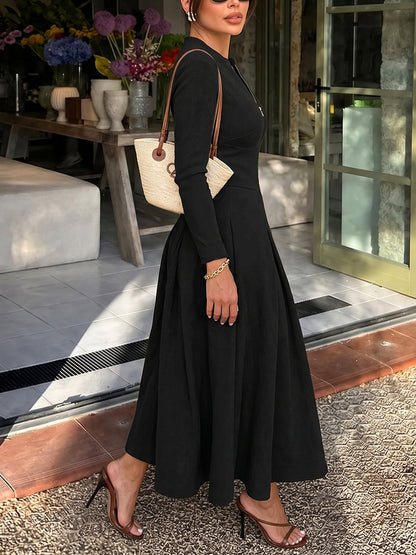 Zipper Solid Color Pockets Long Sleeves High Waisted Round-neck Maxi Dresses