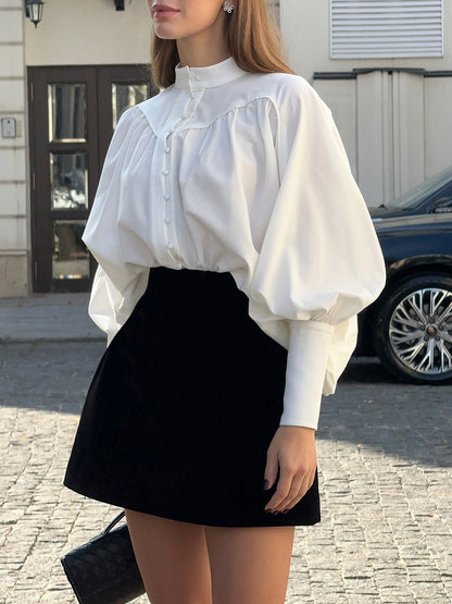 Long Sleeves Loose Buttoned Pleated Solid Color Split-Joint Stand Collar Blouses&Shirts Tops